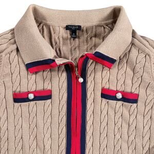 Talbots Plus 2X Cable Knit Zip Cardigan Preppy Pearl Trim Collared